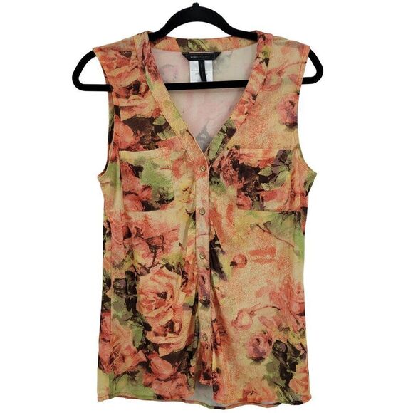 BCBGMaxAzaria Sleeveless Blouse Top L Floral Mesh Button Down V-neck Feminine - Picture 3 of 14